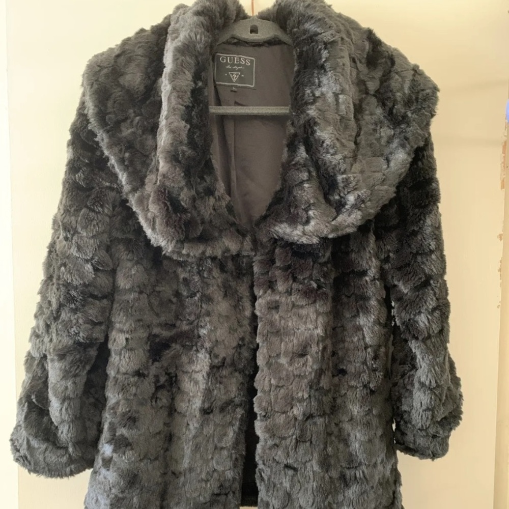 Guess black fur coat, NWOT size large